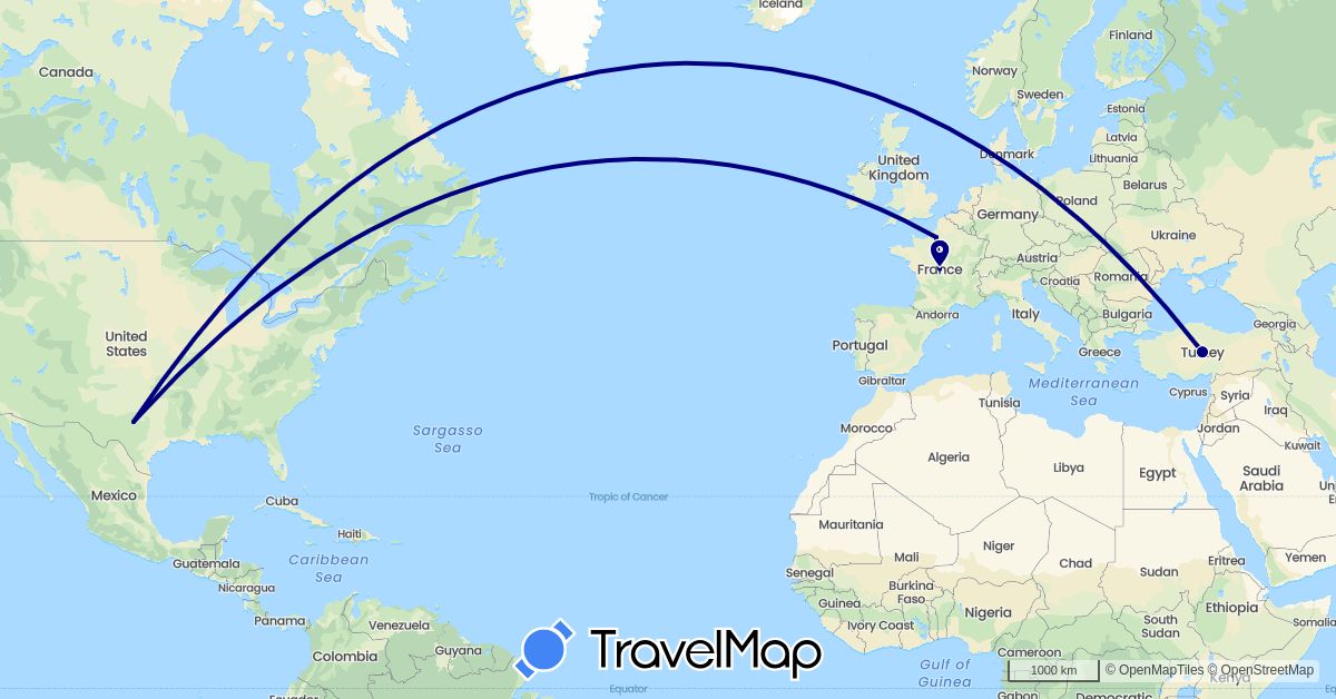 TravelMap itinerary: driving in France, Turkey, United States (Asia, Europe, North America)